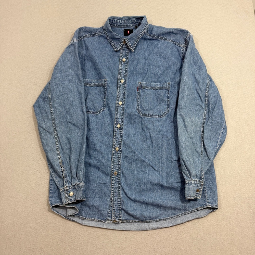 Vintage Levs Denim Shirt XL Blue Red Tab Jeans Button Down Long Sleeve Cotton